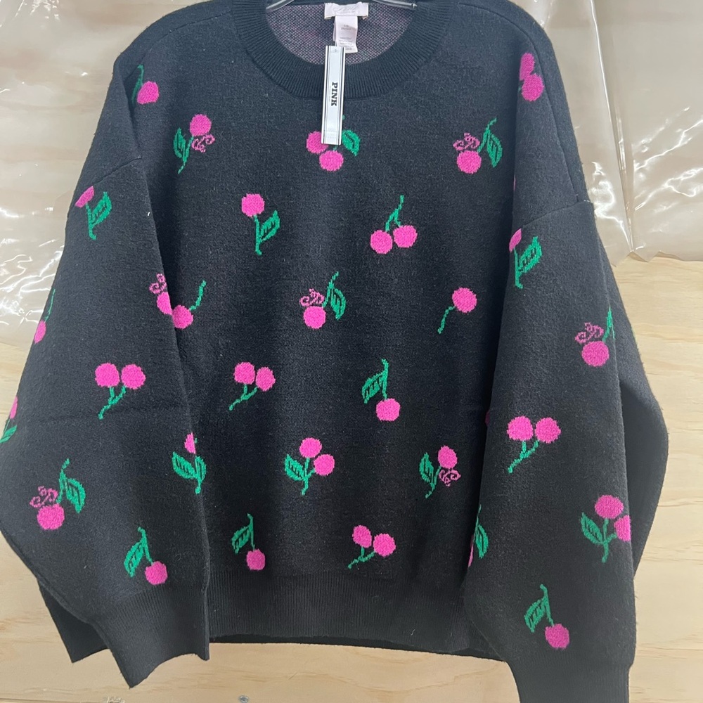PINK Victoria's Secret Black Sweater with Pink and Green Floral Design - Picture 3 of 6